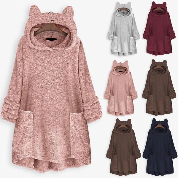 

fluffy hoodie sweatshirts women fleece solid color cat ear plus size hoodie pocket women's tracksuits harajuku sudadera 2020, Black