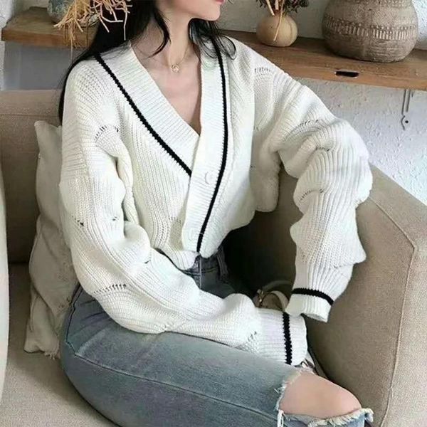 

new design two button cross v-neck sweater retro stripe spell color short knitted cardigan women autumn1, White