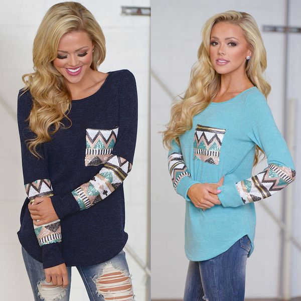 

fashion women autumn casual tshirts pocket sequins splice long sleeve spring tees for female, White
