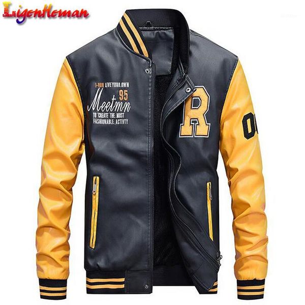 

men's stand collar jacket coat men baseball jacket embroidered leather pu coats slim fit college fleece luxury pilot jackets1, Black;brown