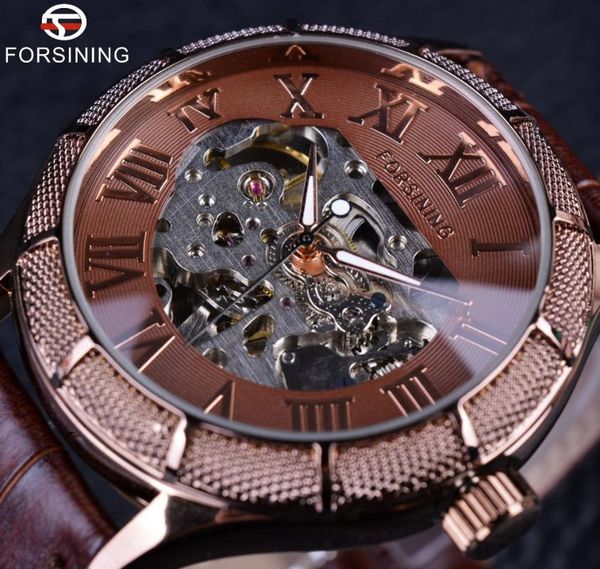 

forsining skeleton steampunk wristwatch brown genuine leather strap men mechanical self wind watch automatic, Slivery;brown