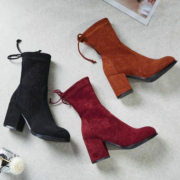 

2020 women mid-calf boots flock leather autumn winter short plush square heels lace-up boots women size 34-39 socks, Black