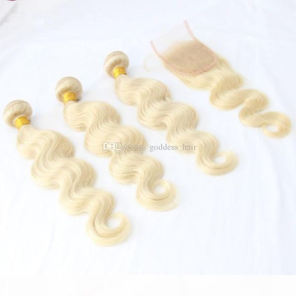 

russian 9a part lace closure with bundles 3 bundles hair body wave 613 platinum human hair weaves with lace closure, Black