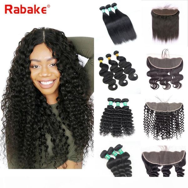 

rabake lace frontal with bundles 4pcs brazilian virgin human hair bundles loose deep wave hair extensions 13x4 ear to ear weaves closure, Black;brown