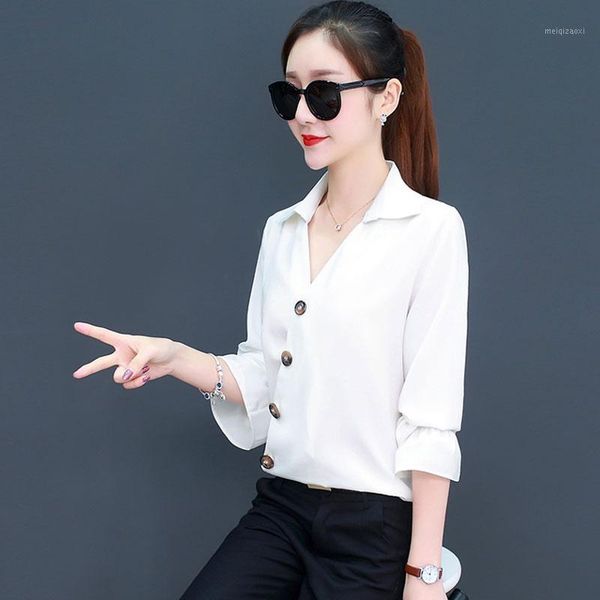 

chiffon blouses women long-sleeved spring 2020 new korean loose loose fashion shirt spring v-neck blousa female, White