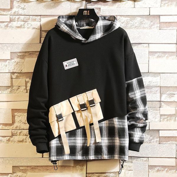 

japan style casual spring autumn 2021 black white hoodie sweatshirt men's thick fleece style hip hop high streetwear patchwork1