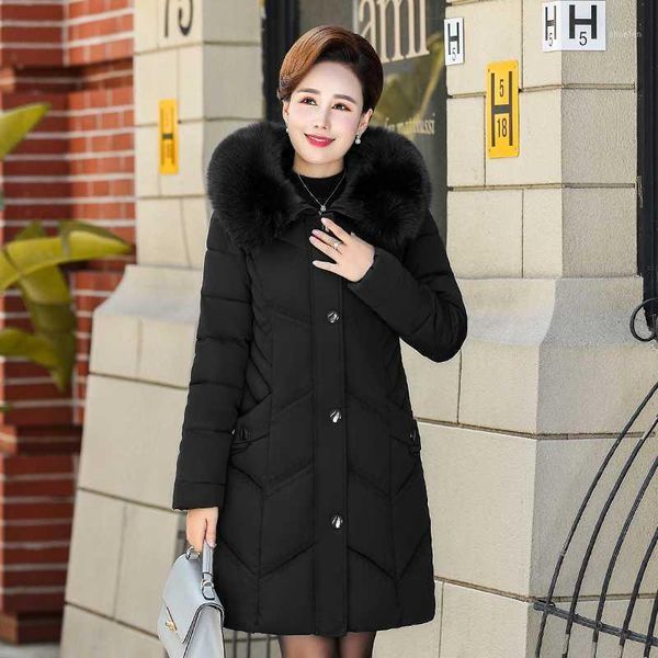 

2019 women winter jacket fur hooded long coat cotton padded outwear warm slim parka manteau femme hiver1, Black