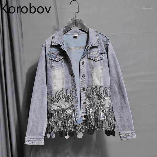 

korobov autumn new sequined embroidery hole streetwear coats korean women tassel denim outwear patchwork bomber jacket 782411, Black;brown