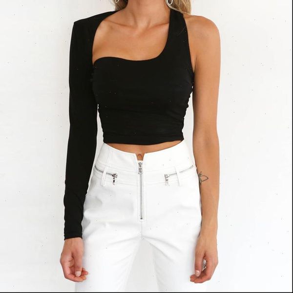 

summer new women one shoulder slim black blouses crop long sleeve short female shirts blusas mujer de moda, White