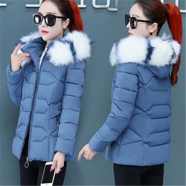 

fashion korean short down cotton jacket plus size women's winter long-sleeved hooded color fur collar casual cotton-padded coats, Black
