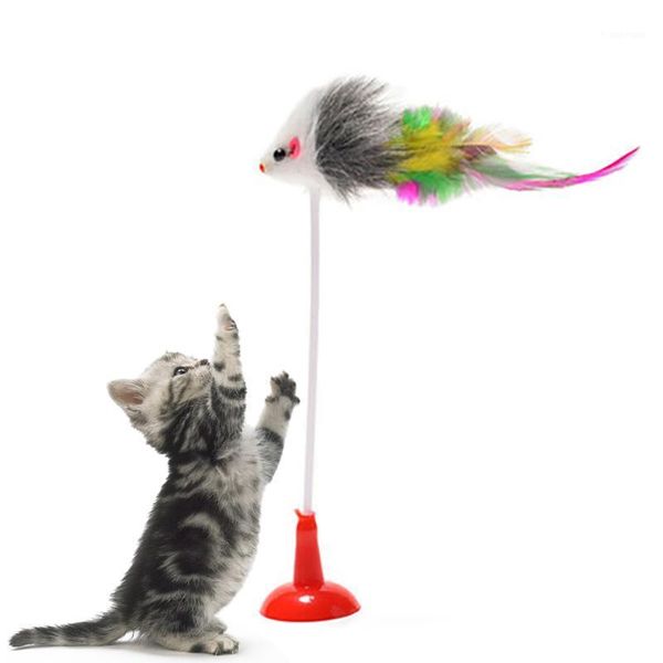 

1pc funny cat toys elastic feather false mouse spring sucker toys for cat playing pet toy training for kitten cats1