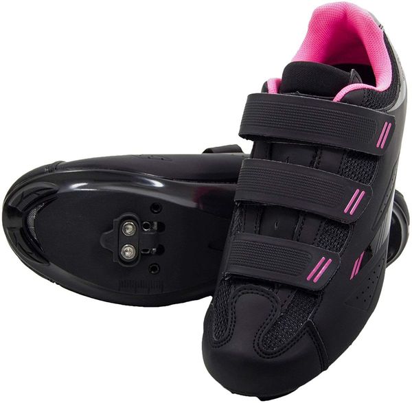 

tomaso pista women's spin class ready cycling shoe set with compatible spikes look delta, spd - black, blue, pink, white