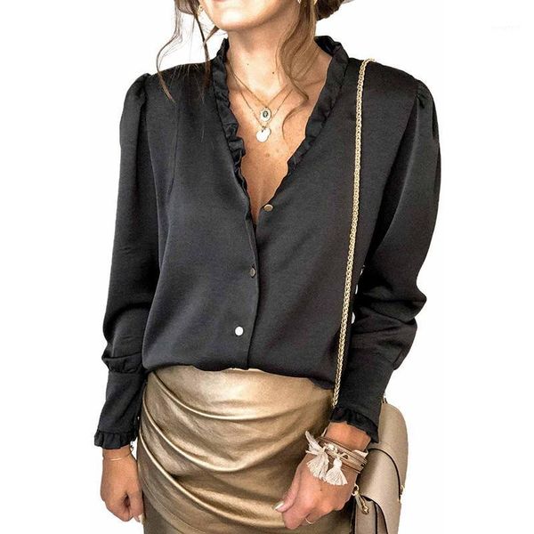 

2021 plus size black frilled v neckline buttoned french shirt blusas mujer de moda woman vetement femme bluzka damska clothing1, White