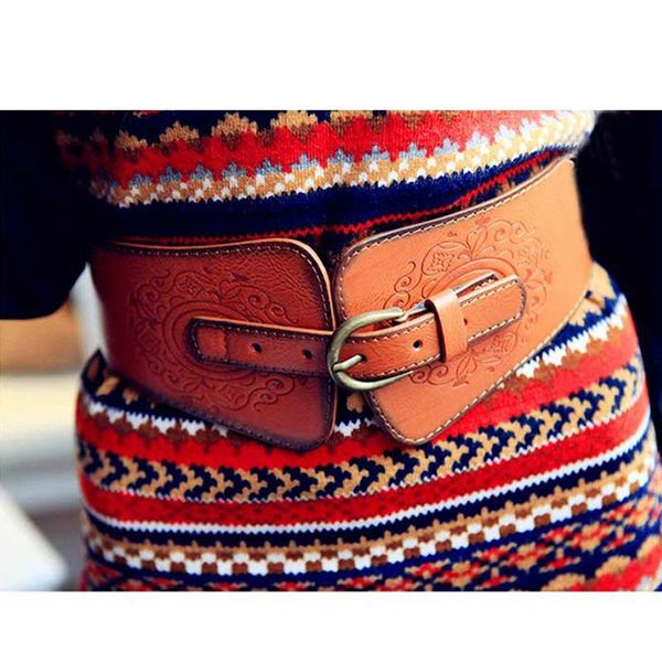 

women's wide belt retro totem carved pattern 2020 korean fashion cinturon ancho mujer ladies bronze pin buckle embossed girdle, Black;brown