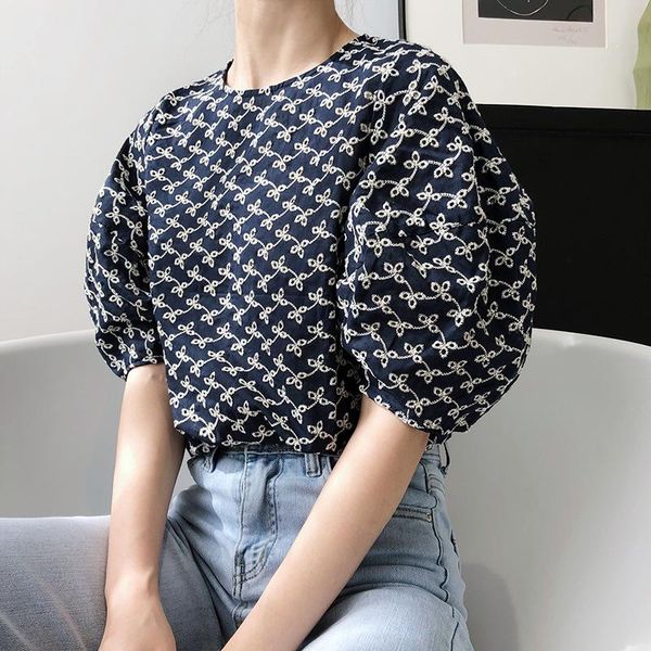 

crochet embroidery hollow out puff sleeve woman t-shirts cotton round neck loose short sleeve 2020 ladies summer, White