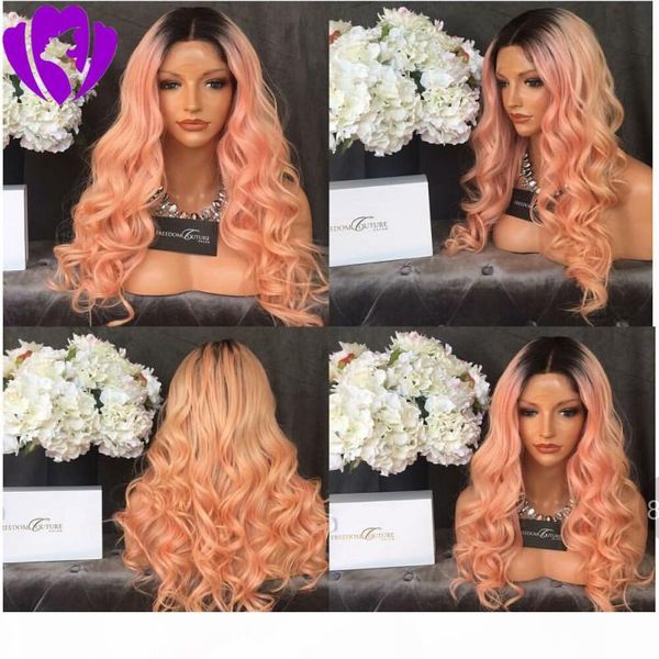 

180% 250% ombre розовый полный фронта шнурка парики 13x4 pre щипковых бразильский объемная волна синтетический парик с ребенком волос cospla, Black