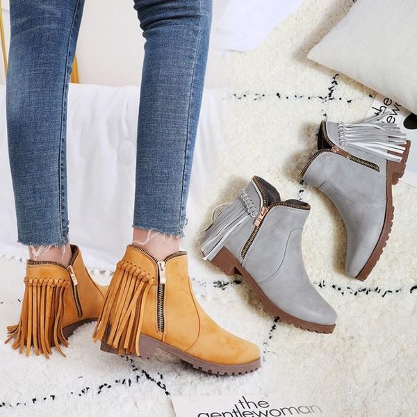 

boots plus size33-47 women's ladies fashion retro solid fringe zip thick short casual shoes pu leather female autumn, Black