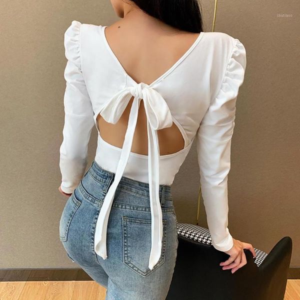 

women long sleeve v neck backless back bowknot blouse slim pullover, White