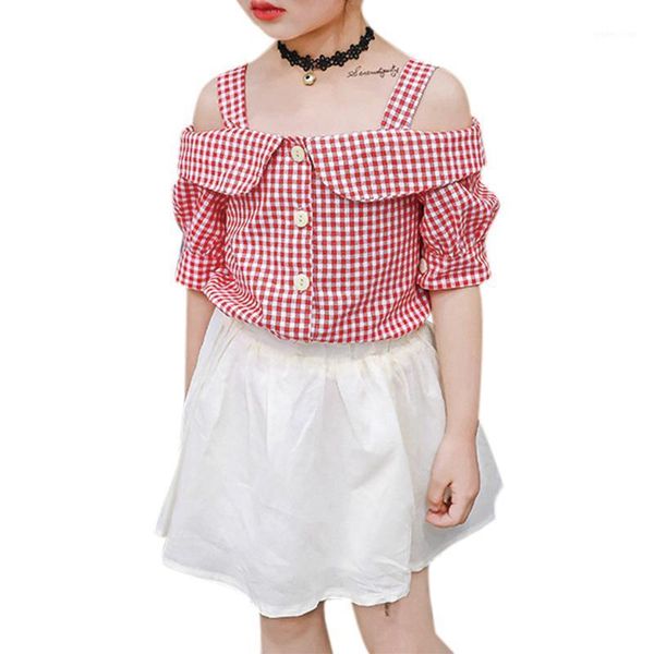 

children girls clothes princess off-the-shoulder short-sleeved plaid t-shirt short skirt 2pcs cotton suit1, White