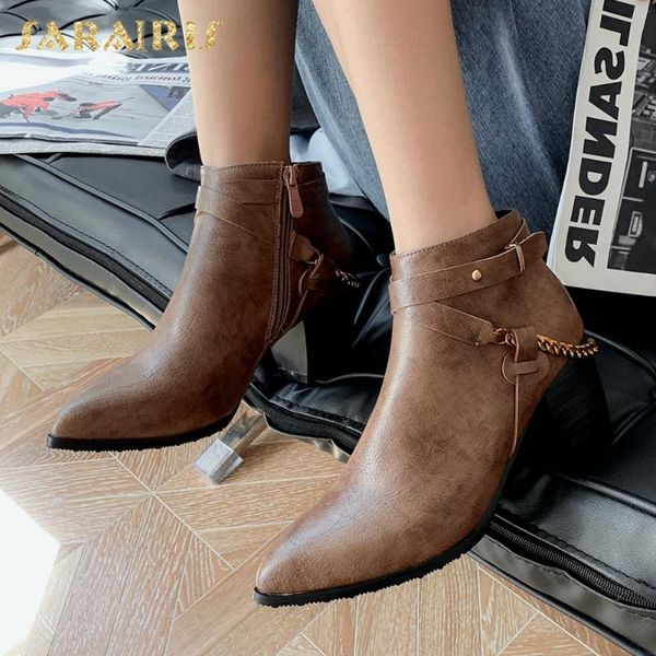 

sarairis 2020 fashion new plus size 46 pointed toe ankle boots women shoes zip up thick high heels concise elegant boots female, Black