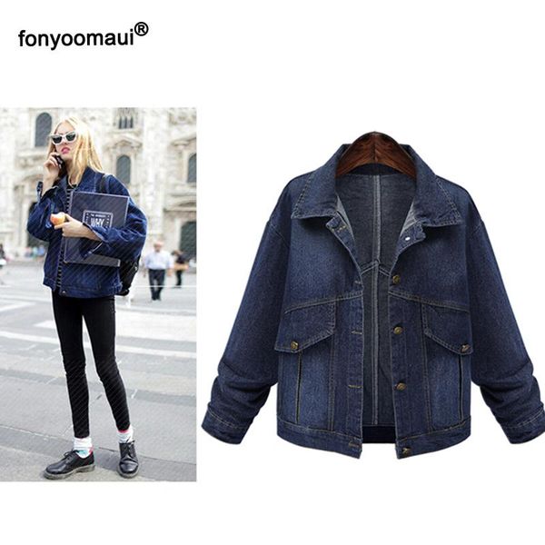 

plus size women vintage blue jean jacket boyfriend coat long sleeve loose casual lady denim outwear jacket streetwear autumn 5xl, Black;brown