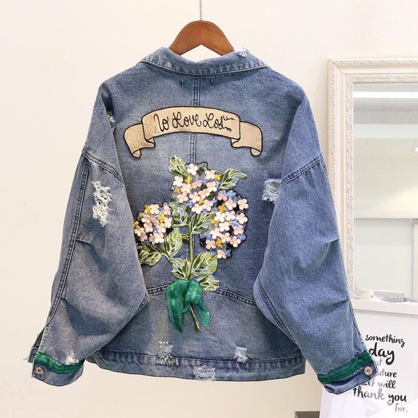 

embroidery jean coat female 2020 new autumn hole loose denim jacket outwear womens vintage long sleeve jeans jackets streetwear1, Black;brown