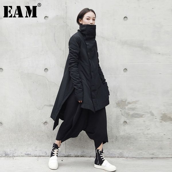 [Eam] novo moda inverno stand lead irregular longo tipo de algodão roupas de algodão solto casaco sólido jaqueta preto mulher ya771 201009