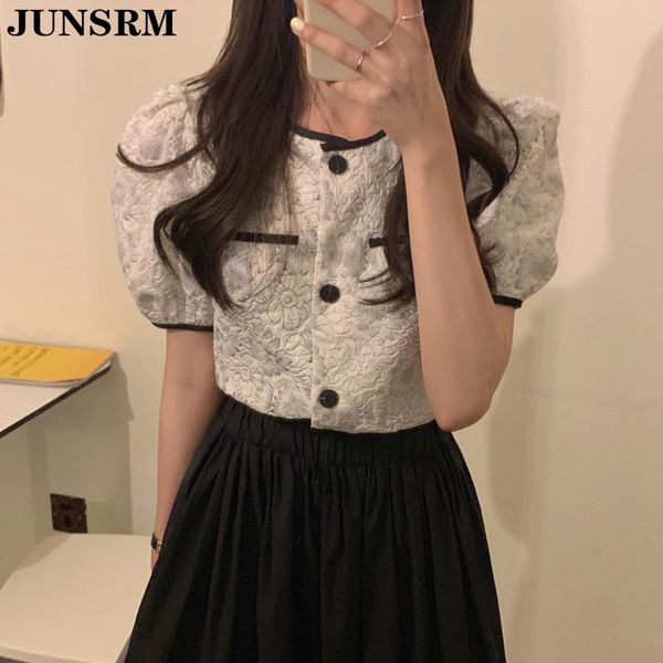

vintage jacquard blouse shirt women 2020 new summer single-breasted korean ins blouses female elegant puff sleeve shirts, White