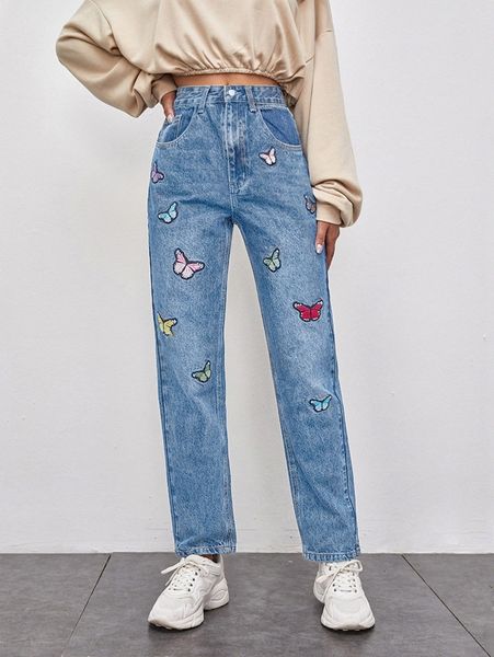 

zipper fly butterfly embroidered patched straight leg jeans i14s#, Blue
