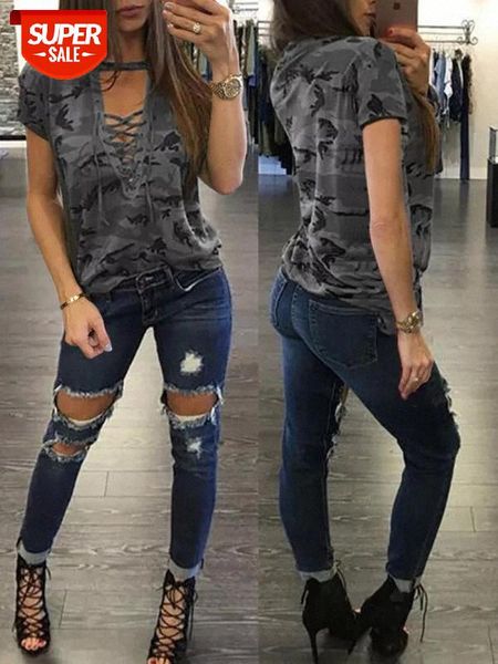 

2019 fashion women summer short sleeve camouflage loose casual tshirt bandage hollow out t-shirt gray army green #y08o, White