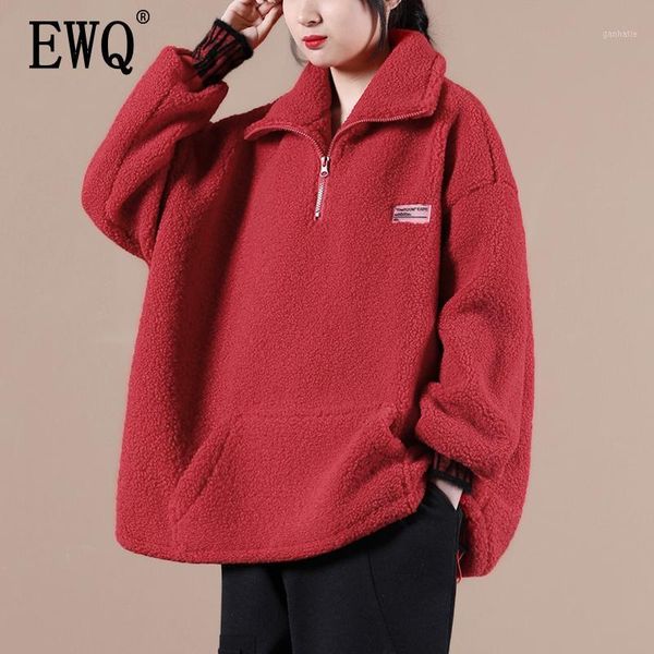 

ewq] loose large size label zipper stand collar cashmere sweatershirt women long sleev solid new fashion tide 2020 winter gd6711, Black