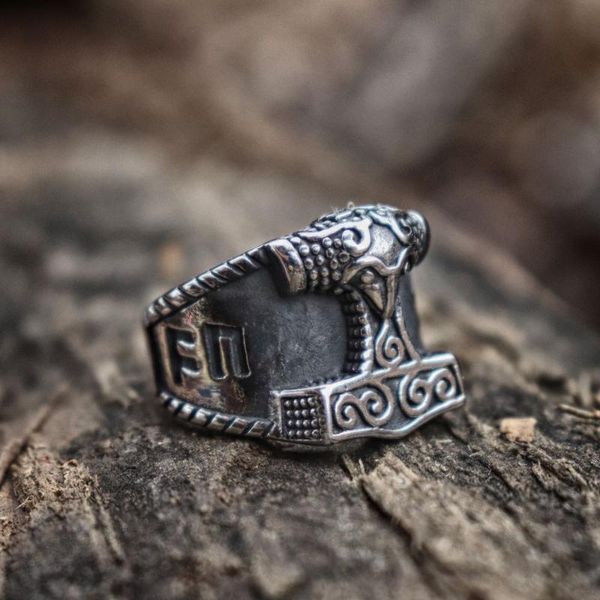 

mens viking stainless steel ring good luck rune mjolnir thor hammer nordic rings amulet jewelry gift, Golden;silver