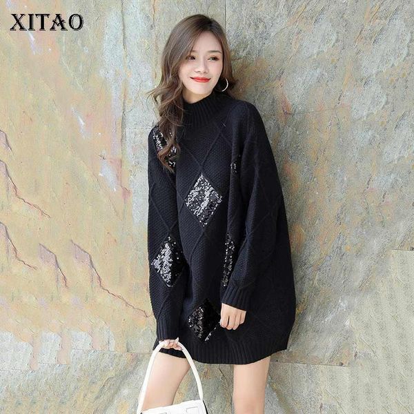 

xitao trend wild sequins sweater women loose plus size pullover women korean style turtleneck knitwear autumn winter dzl18971, White;black