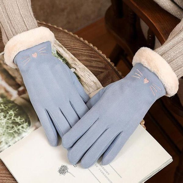

five fingers gloves cute cartoon cat embroidery velvet thick windproof cycling mittens female winter plush wrist touch screen warm driving g, Blue;gray