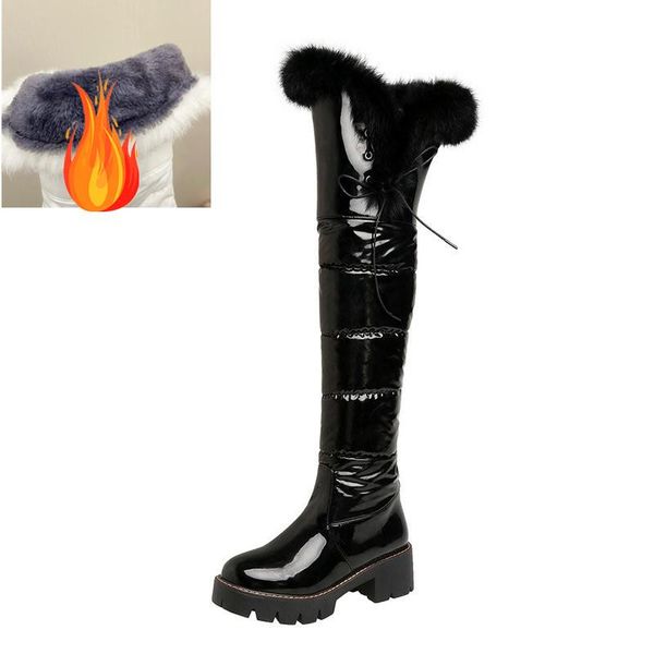 

boots women slip-on thick high heels waterproof snow shoes muje winter warm fur knee size 43, Black