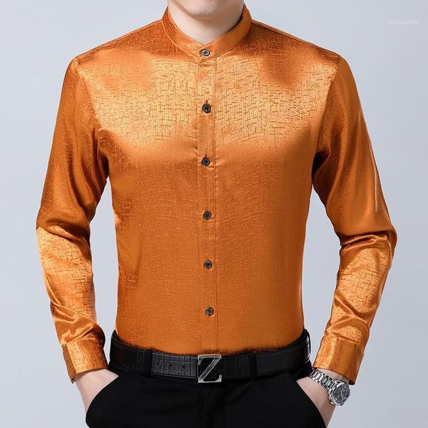 

mens new arrival 2021 spring silk dress shirts male casual long sleeve solid color silk clothes mandarin collar soft shirts1, White;black