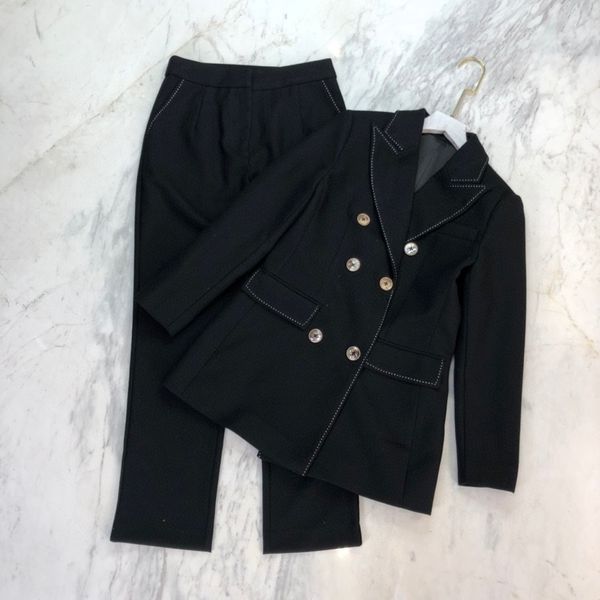 

2021 women's suit contrasting color double-breasted slim suit jacket + high waist trousers 2-piece set, White