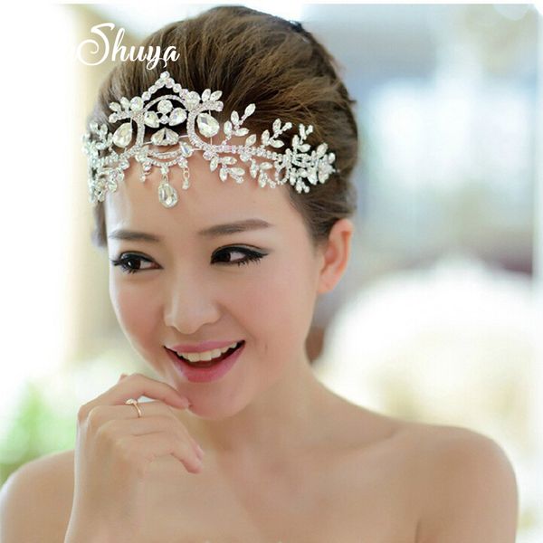 

niushuya bridal hair accessories wedding rhinestone crystal waterdrop tiara crown headband frontlet bride hairband headpiece, Golden;silver