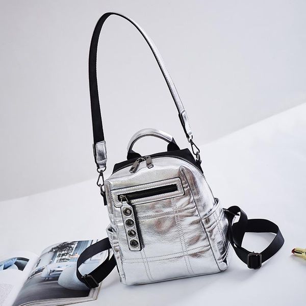 

silver backpack 2020 new pu leather waterproof bag college style young student bag white design