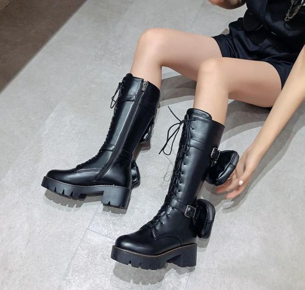 

boots cavalier women's thick heel round head 2021 large size waterproof platform mid tube purse pocket, Black