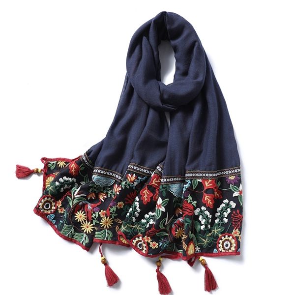 

lace embroidery cotton scarf women vintage floral print shawls and wraps solid tassels pashmina lady foulard hijab femme 201027, Blue;gray