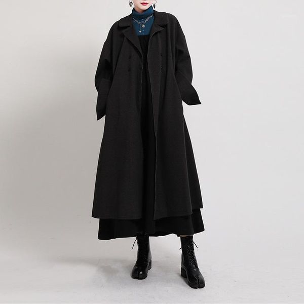 

2021 dark long trench woolen coat woman vintage streetwear splice oversize long wool trench coat women windbreaker1, Black
