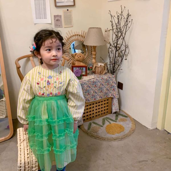 

korean amur monkey 2021 spring new girls' mori exquisite embroidered striped drs + pengpeng gauze skirtljgc, Red;yellow