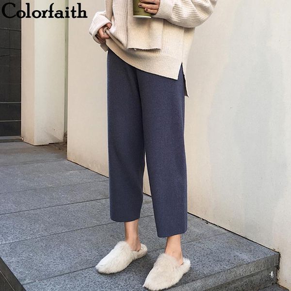 

colorfaith new 2020 autumn winter women pants knitting woolen high waist elegant korean style ankle-length ladies pants p57121, Black;white