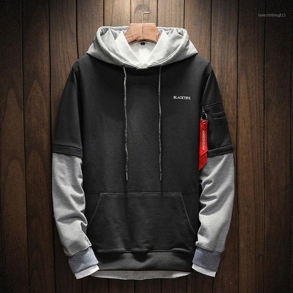 

men's hoodies & sweatshirts streetwear sweatshirt men fashion long sleeve loose stitching fake two-piece hooded harajuku patchwork male, Black