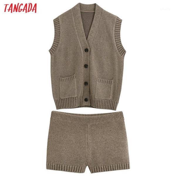 

tangada 2020 women knit tracksuit sets oversized sleeveless sweater shorts suit 2 pieces sets jumper shorts suits be6761, Gray