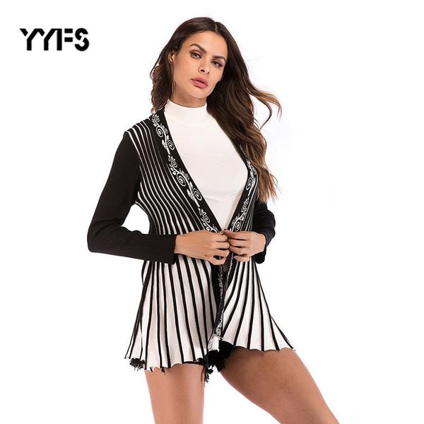 

yyfs autumn jacket coat women striped knitted casual cardigan female coat casual thin long sleeve shawl outwear chaquetas mujer, Black;white