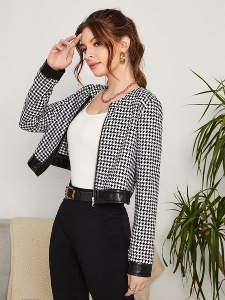 

houndstooth pu leather trim zipper jacket z458#, Black;brown