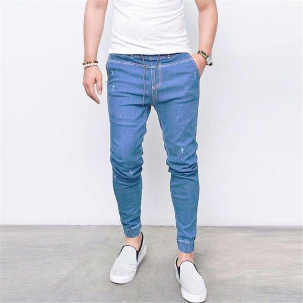 

plus size skinny jeans men slim fit denim pants male pencil stripe elastic street hip hop knee ripped holes jean men clothes, Blue