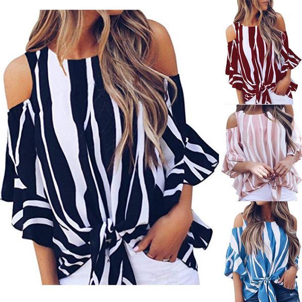 

women's t-shirt women's round neck off-shoulder speaker three-quarter sleeve vertical striped jumper spot t shirt1, White